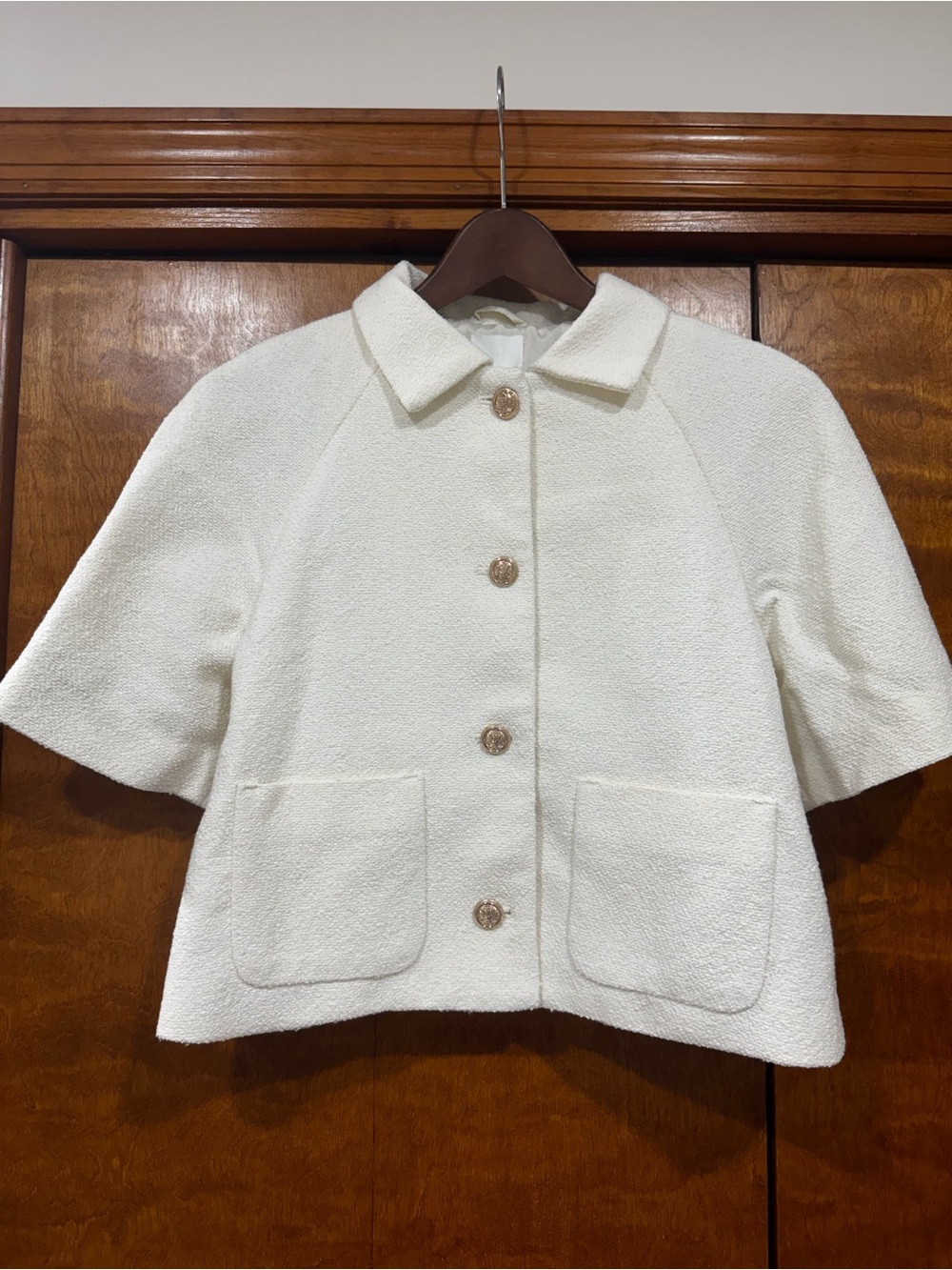 NWT H&M Cream Textured Tweed Jacket Gold Buttons M